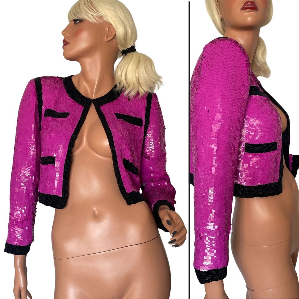Pink Sequined Barbie Cropped Collarless Jacket Blazer